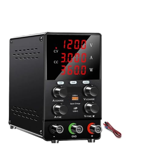 Fuente de alimentación de banco de laboratorio de 30 V y 10 A, variable, puerto USB-A de carga rápida tipo C, 12 V, 5 A CC, fuente regulada conmutada ajustable con pantalla de 4 dígitos para laborator