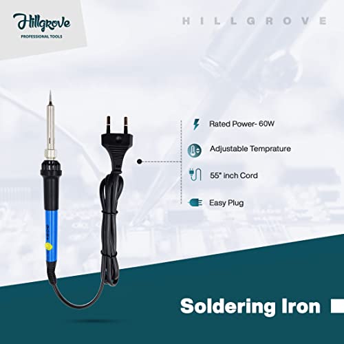 Image of Hillgrove 60W Temperature Controlled Soldering Iron Kit with Solder Wire and Interchangeable Tips Conical Flat Pointed Round for Electronics Repair DIY Professional Use (4-in-1)