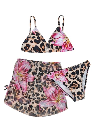 Image of Girl's 3 Piece Sets Floral Print Bikini Swimsuit High Waisted Bathing Suits with Beach Skirt Coverups