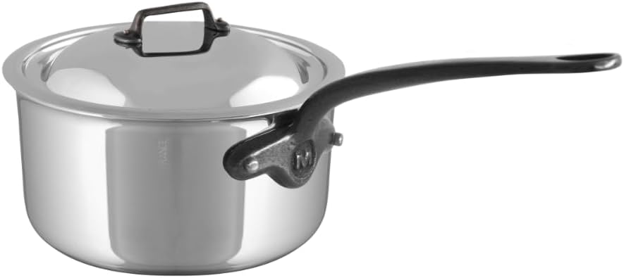 M'Cook CI 5-Ply Polished Stainless Steel Sauce Pan With Lid, And Cast Iron Handles, 3.4-qt, Made In France