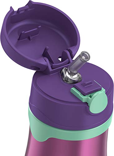 Image of Thermos Baby 10 oz. Stainless Steel Bottle with pop-up straw, Purple with Teal