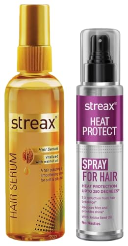 Streax Hair Serum 125ml, Vitalized with Walnut Oil, For Hair Smoothening & Shine, For Dry & Frizzy Hair Heat Protection Spray for Hair -100 Ml, Hair Styling Spray for Women & Men