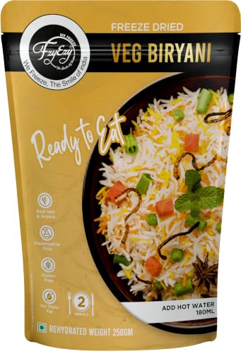 Image of FzyEzy Freeze-Dried Instant Meal Pack - Ready-to-Eat Travel Food | Lightweight, Long Shelf Life | Ideal for Camping, Hiking, Trekking, Emergency Survival | No Preservatives | Veg Meals (Veg Biryani)