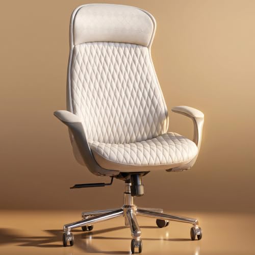 Image of DROGO Levante Ergonomic Office Chair for Work from Home with Bionic Curve Design | High Back Executive Boss Chair, Double Padded Armrest, Genuine Vegan Leather, Heavy Metal Base, 145 Recline (Beige)