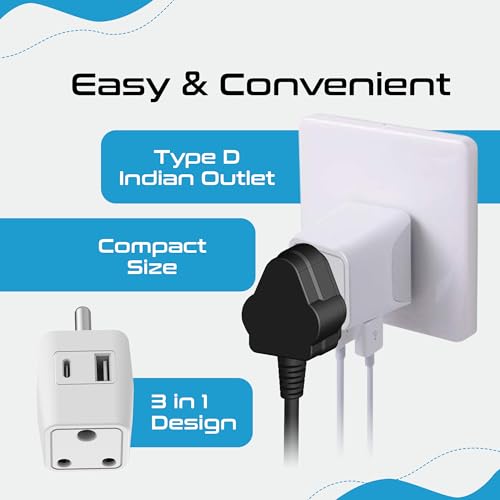 Image of Ceptics 3 in 1 Travel Adapter with USB C, Type D Multiple Plug Socket for Laptops, Phones - White - 1 Pack