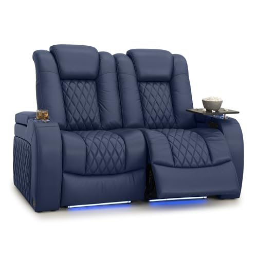 Image of Seatcraft Diamante Navy Blue Italian Leather Home Theater Seating, Zero Gravity Power Recliner, Gaming and Home Office Chair, Powered Headrest Furniture for Cinema Room, Row of 2 Loveseats