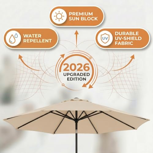 Image of Greesum 9FT Outdoor Patio Umbrella, Table Umbrella for Yard, Market, Heavy-Duty Waterproof Pool Umbrella with 8 Sturdy Ribs, UV Protection for Beach, Deck, Garden, Backyard