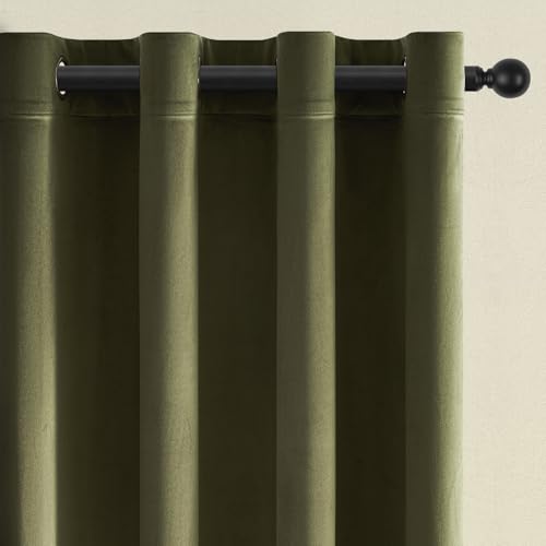 Topfinel 90-Inch Olive Green Velvet Curtains for Bedroom - Light Blocking Pinch Pleat Drapes, 2 Panels Set