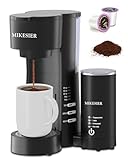 MIKESIER 3IN1 Single Serve Coffee Maker with Milk Frother, Small Coffee Machine for K Cup & Ground, 6-14oz Brew Size, 28oz Water Tank, Adjustable Drip Tray
