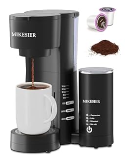 MIKESIER 3IN1 Single Serve Coffee Maker with Milk Frother, Small Coffee Machine for K Cup & Ground, 6-14oz Brew Size, 28oz Water Tank, Adjustable Drip Tray