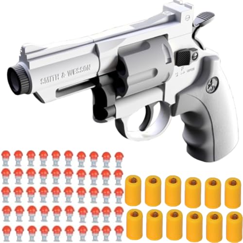 Image of Revolver Toy Gun | Real Looking Plastic Airsoft Gun Pistol| Semi-Automatic Style | 12 Bullet Shell' and 50 Bullet Included(White+Grey)