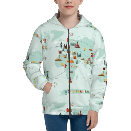 World Travel Map Kid Hoodies Boys Zip Up Sweatshirts Girls Pullover with Pocket3