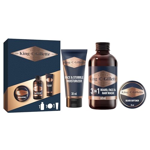 King C. Gillette Mini-Reiseset Probierset Geschenkset Bartpflege-Essentials: 3-Tagebart und Gesichtspflege 30 ml + Bartshampoo 60 ml + Bart-Balsam 30 ml, Geschenk für Männer