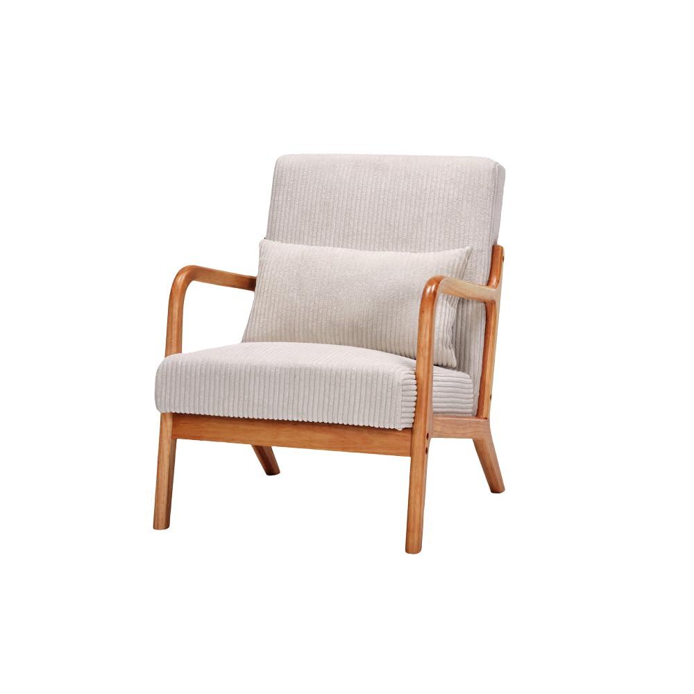 Mid-Century Modern Accent Chair, Arm Chair Living Room Chairs with Pillow Upholstered Reading Chair with Solid Wood Frame & Living Room Bedroom Balcony (Beige) (Beige + Polyester + Cotton)
