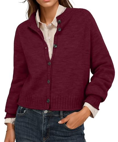 GRECERELLE Strickjacke Damen Kurz Strick Cardigan Rundhals Langarm Strickpullover Klassisch Knitted Sweater Top mit Knöpfen für Herbst Frühling (Weinrot, M)