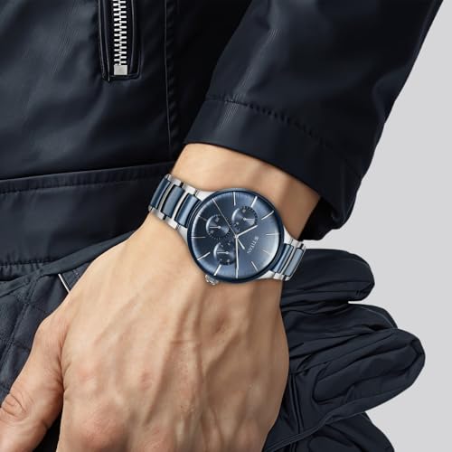 Image of Titan Ceramic Fusion Quartz Multifunction Midnight Blue Dial Two Toned Silver and Metallic Blue Stainless Steel Bracelet Watch for Men - NT90148KD02