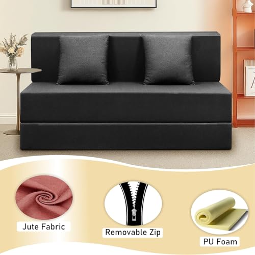 Image of Easy Foldable Two Person Sofa Cum Bed Jute Fabric- Washable Cover- Including Two Cushion- Size 4' X 6' Ft (Black Color) Perfect for Home & Office for Guests