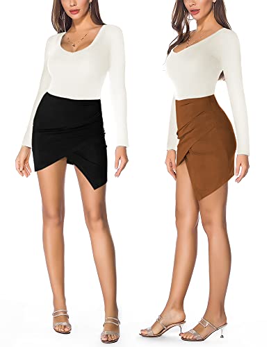 Image of MANGOPOP Women's Basic Faux Suede High Waist A-line Mini Pencil Bodycon Skirt (A02 Brown-1, Small)