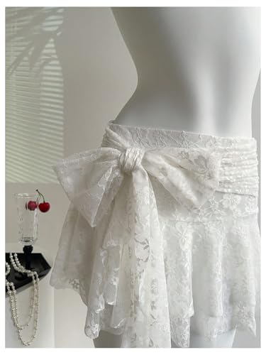MakeMeChic Women's Lace Mini Skirt Floral Bow Flowy Y2k Low Rise Ruffle Boho Skirt4