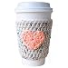 Hand Crochet Reusable Cup Sleeve Light Beige Fleck with Coral Heart