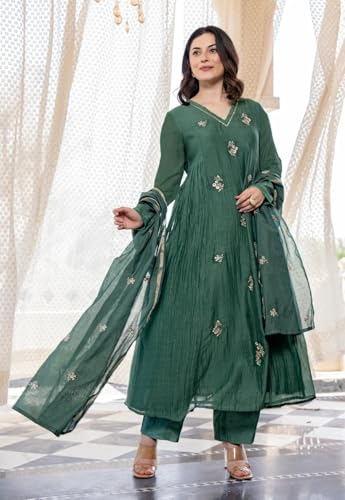 Image of KLOSIA Women Embroidery Solid Anarkali Kurta and Pant Set with Dupatta