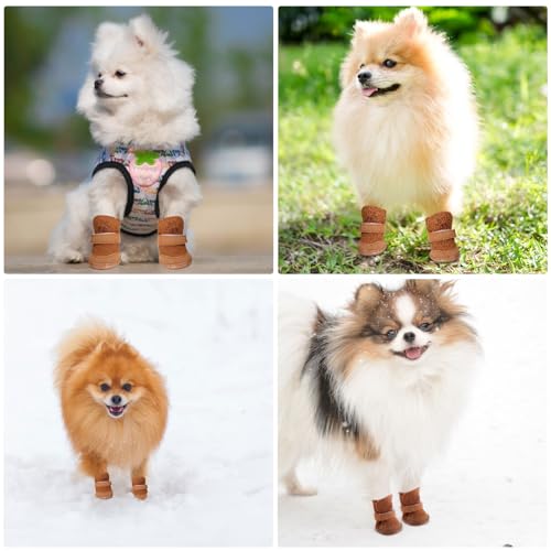 Hunde Schuhe Outdoor, 4 Stücke Hundeschuhe Kleine Hunde, Welpen-Stiefel, Schneestiefel für Haustiere, Hundeschuhe Winter Pfotenschutz Hund Plüsch Hundestiefel rutschfeste warme für Kleine Hunde Katzen