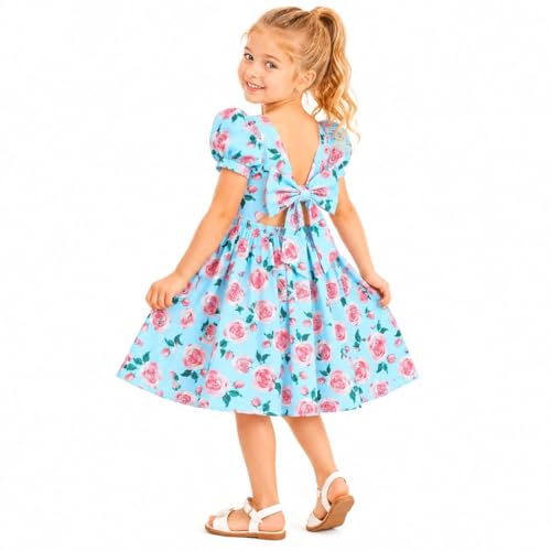 Image of Girls Floral Dress Square Neck Ruffle Sleeve Bow Back Twirl Cotton Dress