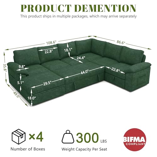 Image of 108 Inch Modular Sectional Sofa with Pull Out Bed,U Shaped 7 Seat Sectional Sleeper Sofa with Storage,Sectional Couches for Living Room,Cloud Modular Couch,Removable Sofa Cover,Green