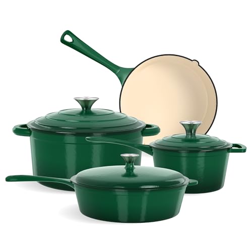 Kitchen Academy 7Pcs Enamel Cast Iron Cookware Set - Healthy Pots and Pans Set Non Stick, Induction Hob Pans Set with Dutch Oven (Emerald)