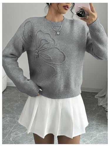 Image of RoseSeek Women's 3D Floral Appliques Crewneck Sweaters Long Sleeve Drop Shoulder Pullovers Elegant Knit Tops