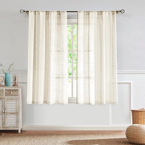 Central Park Beige and White Stripe Sheer Curtain with Rod Pocket 40"x63"x2