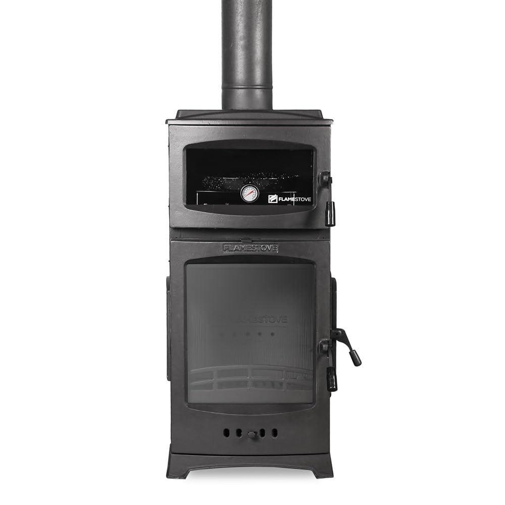 Poêle à bois en verre à 3 côtés avec porte latérale et poêle en fonte certifiée CE et EcoDesign 2022 avec four, combustion efficace du bois et du charbon, 8 kW, 82 kg