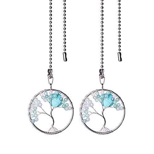 Image of LONGSHENG Blue Glass Beads Tree of Life Fan Pull Chain Fan Light Replacement Extender Pull Chain, Pack of 2
