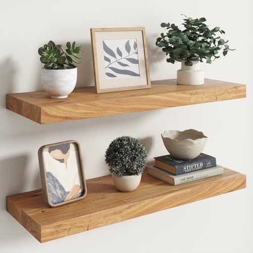 Image of RICHFOCUS Elm Floating Shelves for Wall - 30 inch W x 9.3 inch D Rustic Solid Wood Shelves with Invisible Bracket, Wall-Mounted for Living Room, Bedroom, Kitchen Storage & Display, Set of 2, Natural