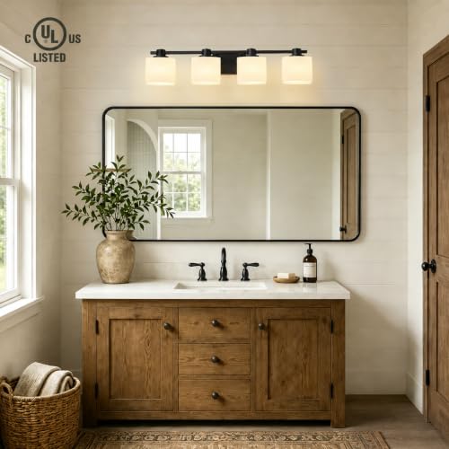 Image of 32 Inch Matte Black Bathroom Light Fixtures Over Mirror 4 Light Bathroom Vanity Light Milk Glass Makeup Shower Lamp Small Farmhouse Wall Sconce Modern Desk Vintage Rustic Bath Sink Lighting