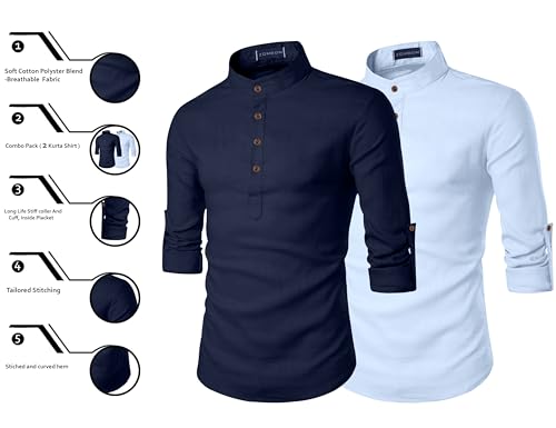 Image of Zombom Men's Combo Cotton Polyester Blend Solid Full Sleeve Straight Regular Fit Mandarin /Chinese Collor Kurta (Pack of 2)