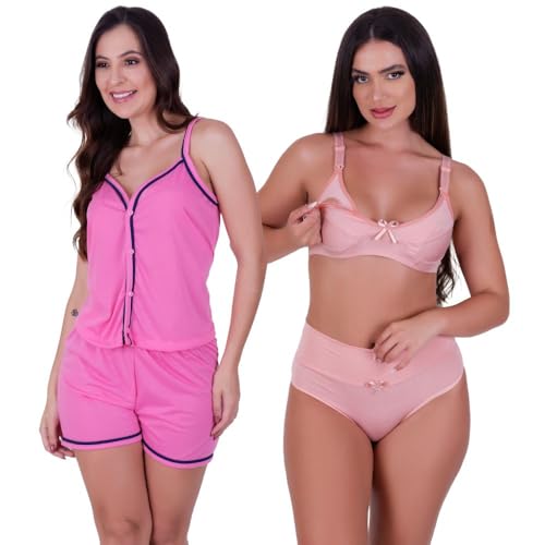 Pijama de Alcinha com Botões + Sutiã Amamentação Liso + Calcinha Pós Parto (BR, Alfa, M, Regular, Re