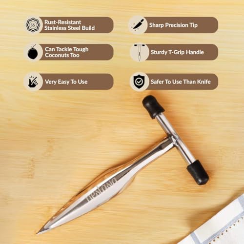 Image of Nestasia Stainless Steel Coconut Opener Tool - Rust Resistant Tender Coconut Water Driller & Splitter | 100% Food Safe Nariyal Pani Opener Knife - Sturdy T-Grip Handle Kitchen Tool