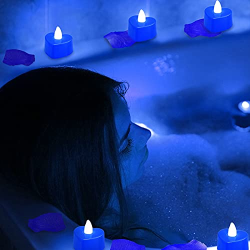 Image of Honoson 1000 Pieces Artificial Blue Rose Petals with 24 Pcs Flameless Heart Shaped LED Tealights Candles Special Romantic Night Decorations for Proposal Wedding Anniversary Table Decor