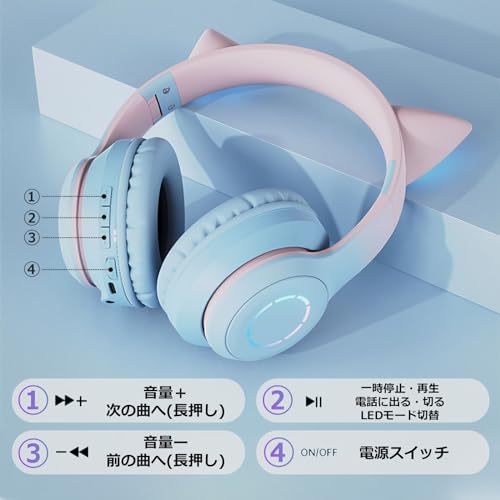 WANCHIY 猫耳ヘッドホン オーバーイヤー ゲーミングヘッドセット bluetooth 5.1 マイク付き ワイヤレス 有線/無線両用 LEDライト 伸縮式 折りたたみ式 HiFi 通話対応 iPhone/iPad/Android/PC