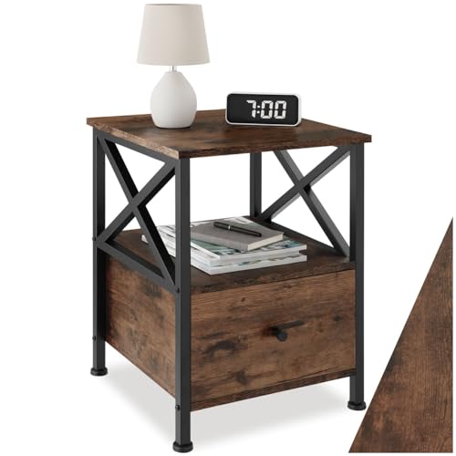 tectake® Comodino Camera da Letto 40x41,5x55,5cm, 2 Ripiani, 1 Cassetto, Tavolino da Letto, Tavolino da Divano, Comodino per Libri, Fiori, Piante, Lampada, Arredamento Casa - Legno Industriale Scuro