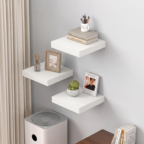 Image of Dreamland 12x12 Floating Shelves for Wall, 12 inch Deep Thicker White Floating Shelves, Wall-Mounted Shelves for Bedroom, Living Room, Kitchen, Bathroom - Set of 3
