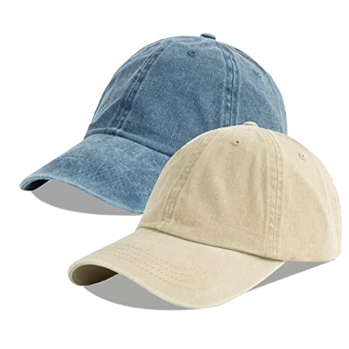 Langzhen Unisex Baseball Cap 100% Cotton Fits Men Women Washed Denim Adjustable Dad Hat(Denim Blue+Khaki,One Size) #TOP9