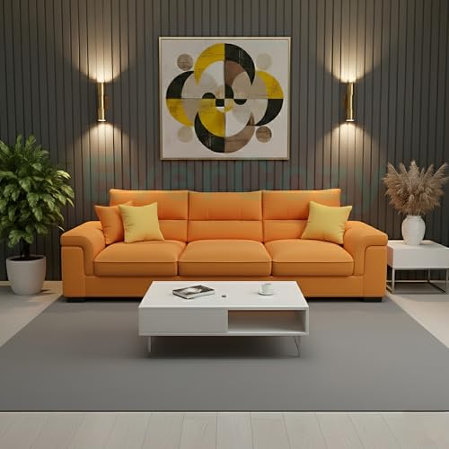 Image of Italino 3 Seater Luxurious Fabric Sofa Set (Orange) | 3 Person Wooden Sofa Couch for Living Room Bedroom Home Hall Furniture