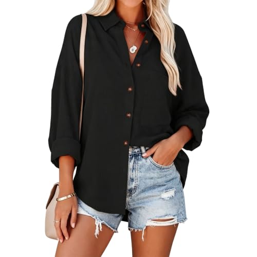 Image of BBXWANG White Shirts for Women Oversized Shirts Long Sleeve Casual Button Down Blouses with Pocket (UK, Alpha, M, Regular, Regular, Black)