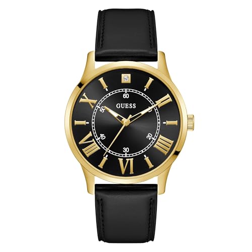 Guess - Reloj para hombre de 43 mm, correa de piel negro, esfera negra, caja de tono dorado