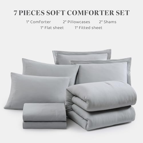 Image of King Size Comforter Set- 7 Pieces Prewashed Bed in a Bag King Bedding Sets | Soft All Season Comforter with Sheets, Pillow Shams & Pillowcases, Light Grey