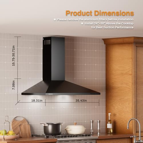 Image of 36 Inch Wall Mount Range Hood Ducted /Ductless Convertible Kitchen Exhaust Hood with 450 CFM Motor, 3 Speed Fan, LED Lighting and Dishwasher Safe Filters, Matte Black Painted Finish