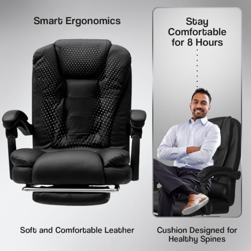 Image of Kepler Brooks Italia Mid Back Leatherette Office Chair for Work | 1-Year Warranty | Boss Chair for Office, Ergonomic Executive Chair, Cushioned Arms & Seat, Leg Rest, Heavy Duty Metal Base (Black)