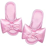 EverFoams Women's Satin Open-Toe Bow Slippers Soft Memory Foam Indoor Bedroom House Shoes with Anti Skid Outsole Pink Macaron,7-8 US
